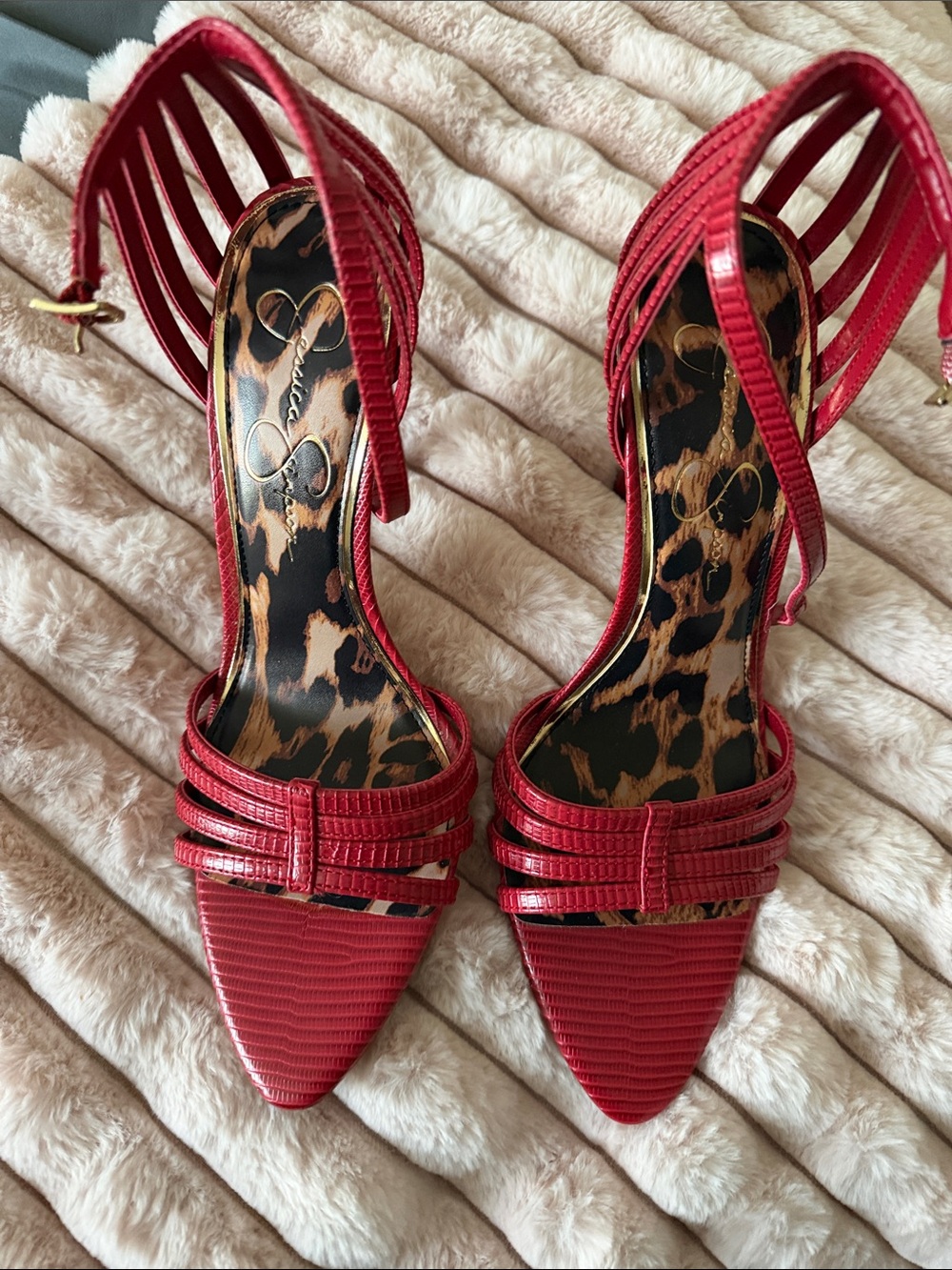 Jessica Simpson Red Strappy Pointed-Toe Heels with Leopard Insole